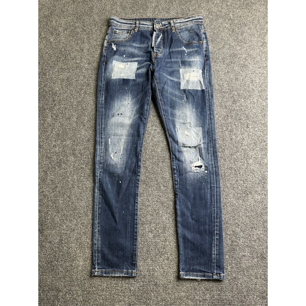 Mens Dsquared2 2020 Blue Distressed Patchwork Slim Jeans Made in Italy, Size 48